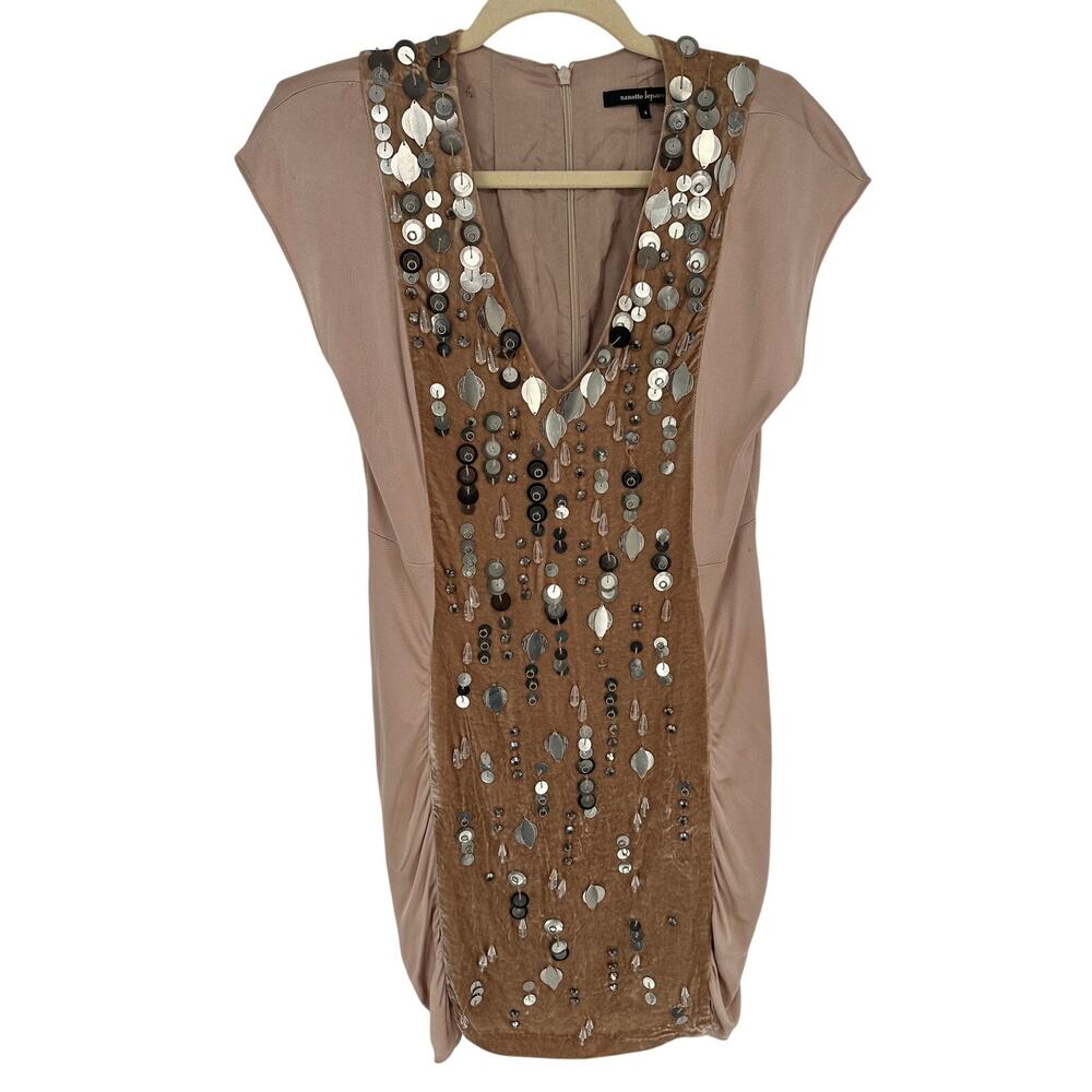 Nanette Lepore Silk Velvet Mini Dress Womens 4 Cream Beaded Embellished Cocktail - Picture 2 of 11